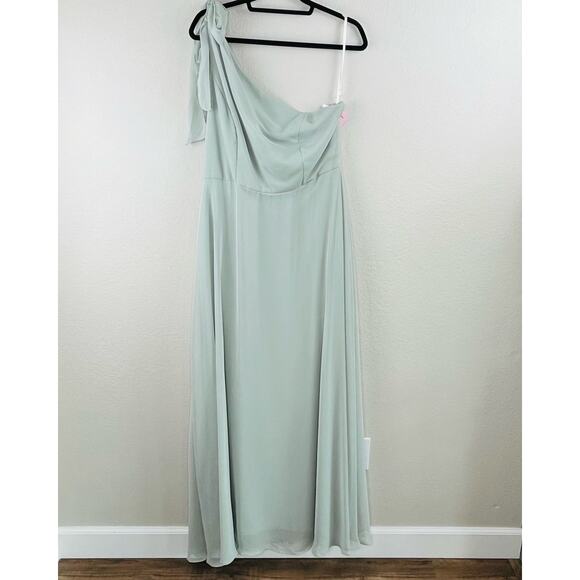 After Six Green Willow Draped One Shoulder Maxi Dress Gown with Scarf Bow 14 NWT - Picture 11 of 13